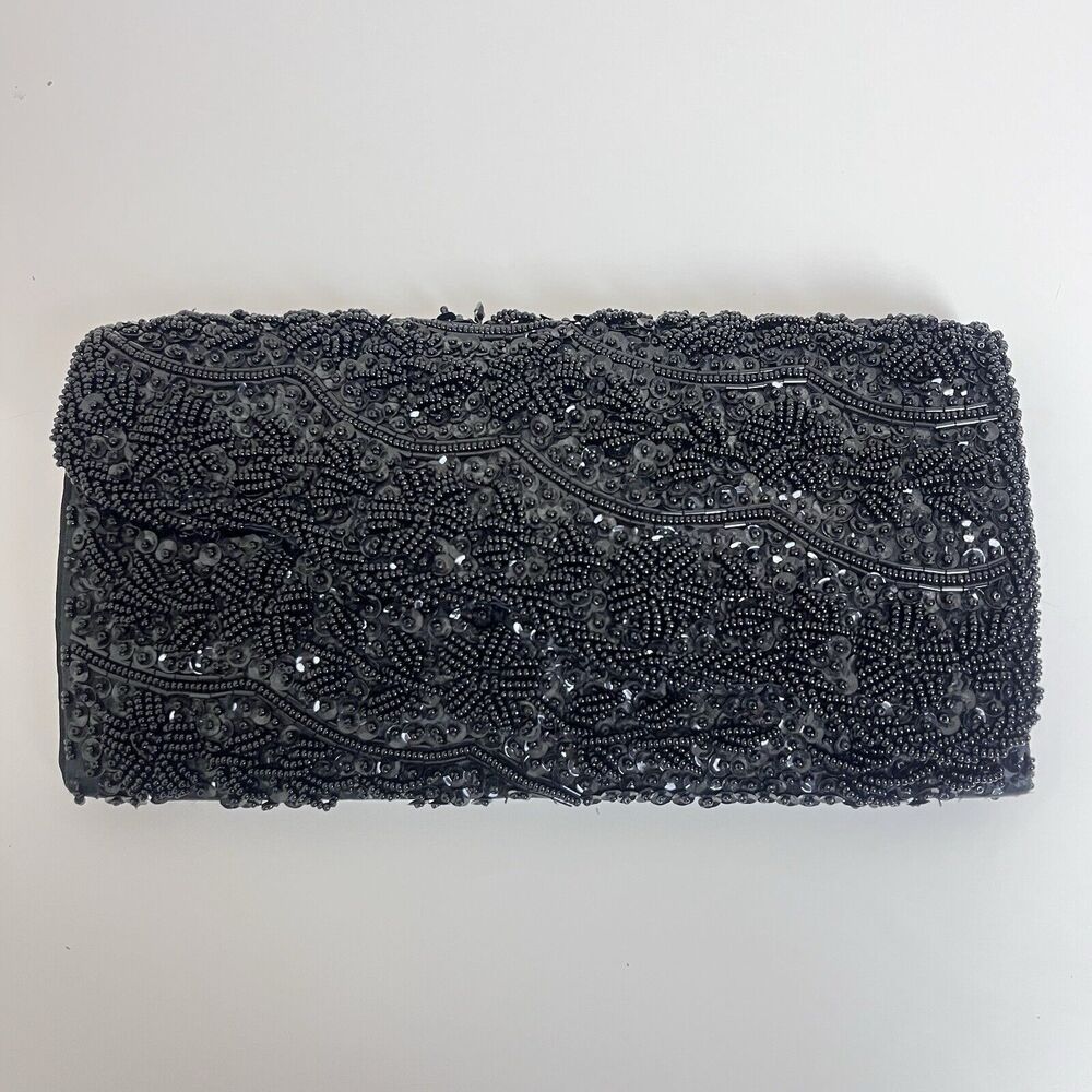 Vintage Clutch Satin Beaded Purse Evening Bag Party Formal Hand Made Hong Kong